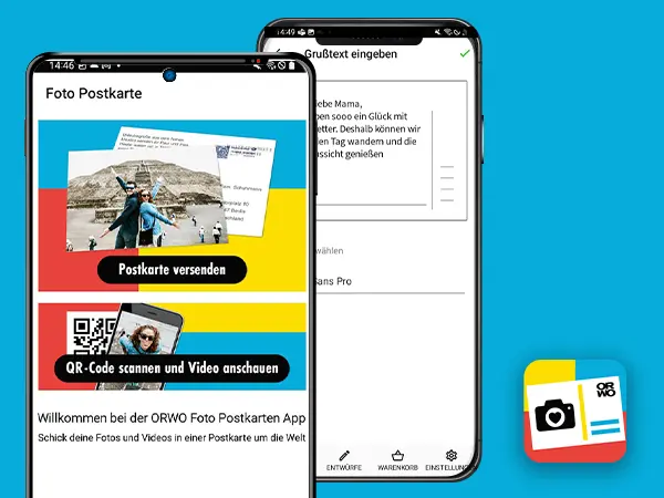 Ein Smartphone zeigt die geöffnete "Postkarten App" auf dem Bildschirm. Der Nutzer kann die App nutzen, um Postkarten mit eigenen Fotos zu gestalten und direkt online zu verschicken.