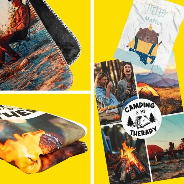 Neue Fotodecken mit verschiedenen Designs: Campingmotive, personalisierte Kinderdecke und Decke mit Lagerfeuer-Motiv.