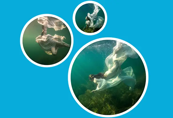 3 runde Forexbilder in unterschiedlichen Größen mit Unterwassermotiven liegen auf blauem Grund. Bestelle deine Fotos auf leichter Hartschaumplatte bei ORWO.