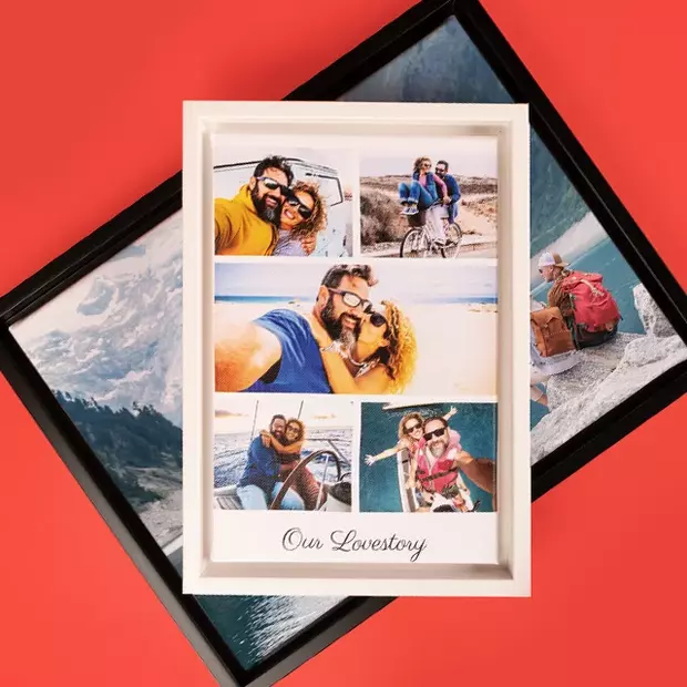 Neue Produkte – hochwertige Leinwand mit Schattenfugenrahmen, personalisiert mit Fotocollage und modernem Design für stilvolle Wanddekoration.