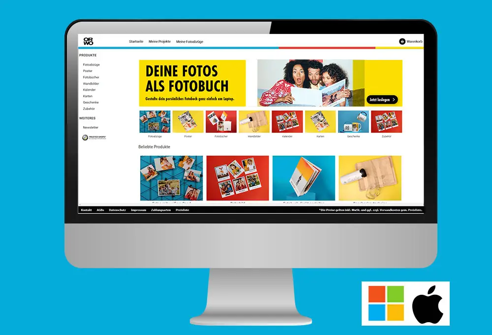 Ein Desktop zeigt die geöffnete ORWO Foto-Designer Software. Die übersichtliche Startseite ermöglicht den direkten Zugang zu verschiedenen Produktgruppen. Hier lassen sich Fotoprodukte einfach und individuell gestalten.