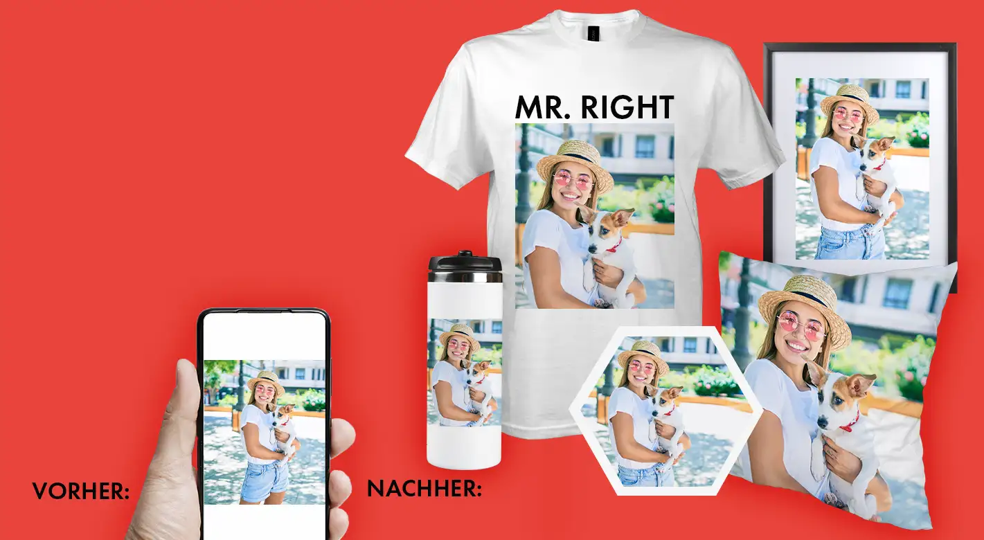 Vorschau personalisierter Fotoprodukte mit eigenem Foto – T-Shirt, Thermobecher, Poster und Kissen im Vorher-Nachher-Vergleich.