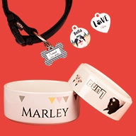 Liebevoll gestaltete Produkte für Haustiere: Futternäpfe für Marley und Luna mit Namen und Foto, sowie Halsbandanhänger in Herz-, Rund- und Knochenform.