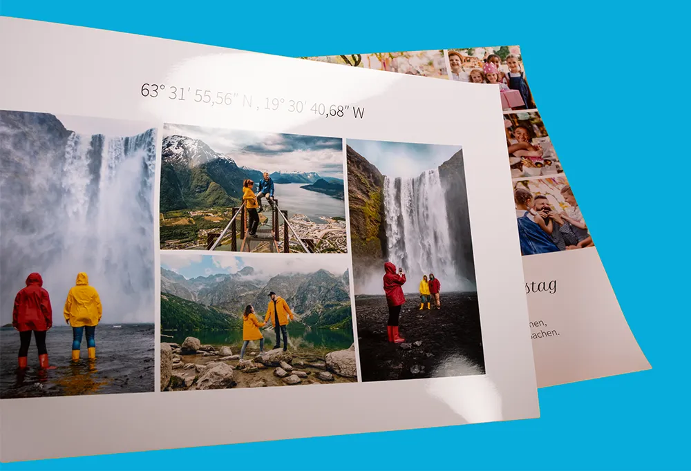 Farbenfrohe Fotocollage als Echtfoto-Poster. Eindrucksvolle Landschaftsaufnahmen aus Norwegen mit Wasserfällen und Bergen. Original Fotopapier sorgt für lebendige Farben und gestochen scharfe Details.