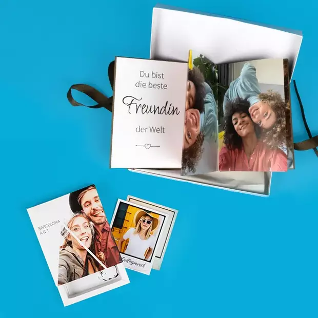 Valentinstag Fotogeschenke mit personalisiertem Fotoleporello, Bilderbox und Fotos als Erinnerung für die beste Freundin.