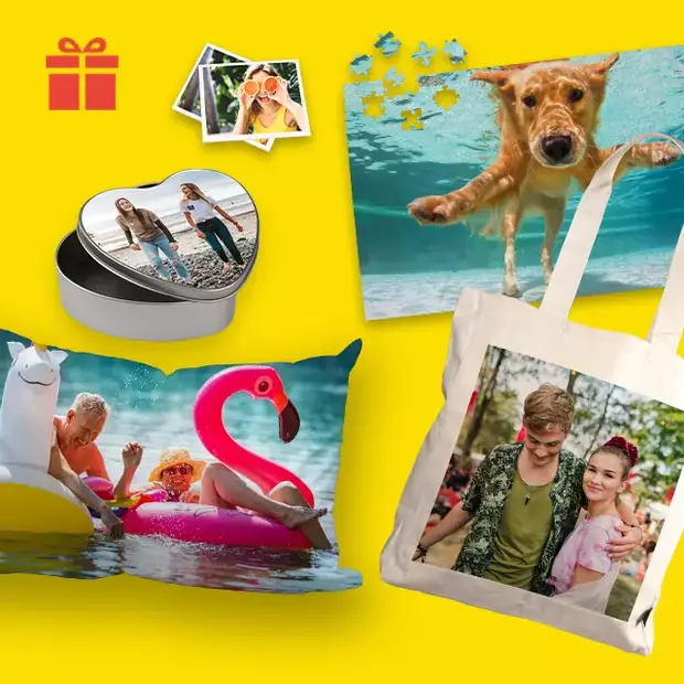 Vielfältige Geschenkideen mit persönlichen Motiven: Fotopuzzle, Memory, bedruckte Dose, Kissen und Stofftasche. Jetzt individuell gestalten und Fotos per App bestellen!