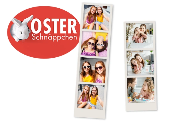 Fotoprodukte Fotostreifen im Osterangebot Fotostreifen mit mehreren persönlichen Bildern von Freunden und Familie als kreative Fotoprodukte im Retro-Look – Oster Schnäppchen Aktion