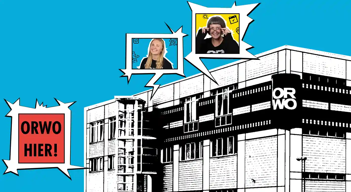 Das ORWO Gebäude plakativ stilisiert in schwarz-Weiß: Lerne die Menschen hinter ORWO kennen, schau hinter die Kulissen der Produktion - WIR SIND ORWO