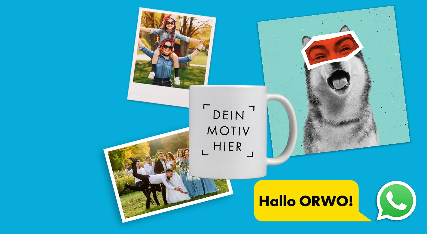 Die Fotoprodukte zeigen eine Vielfalt an Motiven: Ein Hochzeitsbild, eine Mutter-Tochter-Szene, ein Haustier-Hund und eine nicht bedruckte Tasse. Diese können bequem über die WhatsApp-Funktion von whatsphoto bestellt werden.