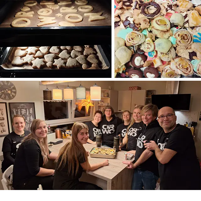 Team in ORWO-Shirts beim gemeinsamen Plätzchenbacken in einer gemütlichen Küche. Eine kleine Weihnachtstradition des ORWO-Marketing-Teams.
