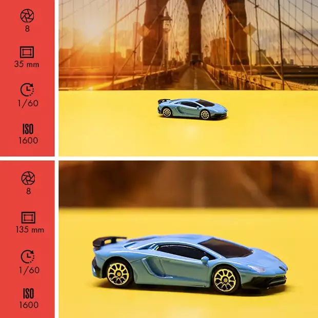 Brennweite Kamera einstellen - einfach erklärt von ORWO Zwei Fotos eines Modellautos mit unterschiedlichen Brennweiten – oben weit entfernt bei 35 mm, unten formatfüllend abgebildet bei 135 mm. Brennweite Kamera einstellen und Wirkung verstehen mit ORWO.