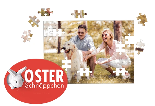 Fotoprodukte Fotopuzzle im Osterangebot Fotopuzzle mit eigenem Foto von Paar und Hund als kreative Fotoprodukte Geschenkidee – Oster Schnäppchen Aktion