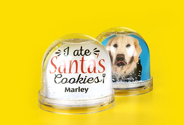 Schneekugel mit zwei unterschiedlichen Motiven. Eine Seite zeigt ein Hunde-Portrait, die andere bring mit dem Spruch „ I ate Santa’s Cookies. Marley“ die Sache auf den Punkt.