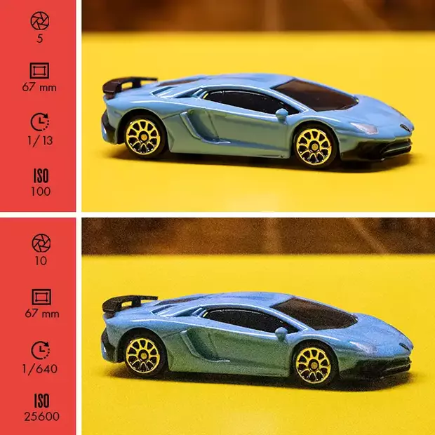 ISO Kamera einstellen - einfach erklärt von ORWO Zwei Fotos eines Modellautos mit unterschiedlichem ISO-Wert aufgenommen – oben ohne erkennbares Bildrauschen bei ISO 100, unten deutlich sichtbares Bildrauschen (Körnung) bei 25 600. ISO Kamera einstellen und Wirkung verstehen mit ORWO.