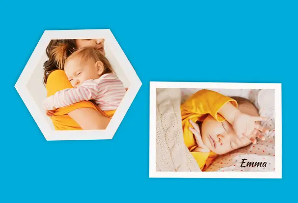 Fotokacheln mit Babyfotos sind eine großartige Geschenkidee für Babys. Bestelle die Kacheln in verschiedenen Formen, zum Beispiel als Hexagon oder klassisch rechteckig.