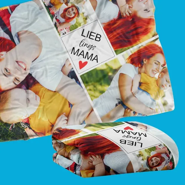 Kuschelige Fotodecke mit Collage aus Familienfotos und „Lieblings Mama“-Schriftzug als emotionales und persönliches Fotogeschenk zum Muttertag