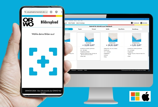 Smartphone mit ORWO Bilderupload und Fotobuch-Software auf dem Computer zum einfachen Übertragen von Fotos ins Fotobuch.
