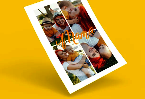 Collage-Poster mit Fotos von Mutter und Kind und Schriftzug „Mama“ als individuelles Fotogeschenk zum Muttertag für emotionale Wanddekoration