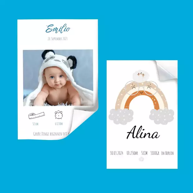Geschenke für Säuglinge: Geburtsposter fürs Baby-Zimmer Als Geschenke für Säuglinge sind unsere Poster ideal. Gestalte ein Geburtsposter und hänge es ins Babyzimmer. Ob Echtfoto oder selbstklebend - die Wahl liegt bei dir.