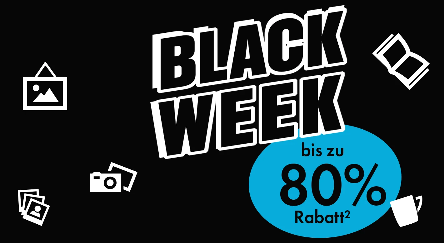 Black Week – bis zu 80 % Rabatt | ORWO Angebote Black Week Grafik mit großem weißen Schriftzug auf schwarzem Hintergrund und blauem Rabatt-Kreis, der bis zu 80 % Rabatt ankündigt, umrahmt von Symbolen für Fotoprodukte und Fotogeschenke.