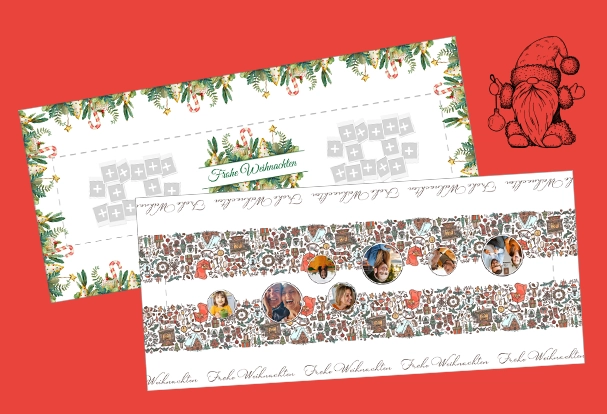 Fotogeschenke Weihnachten: Zwei individuell bedruckte Papiertischdecken mit weihnachtlichen Motiven und Familienfotos. Perfekt für eine festliche Tischdekoration.