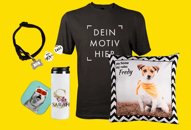 Kreative Fotogeschenke im Überblick: Ein Kuschelkissen mit süßem Hundefoto, ein T-Shirt mit witzigem Spruch, ein personalisierter Thermobecher mit Fotodruck und ein Untersetzer mit individuellem Design – ideal für einzigartige Geschenkideen.