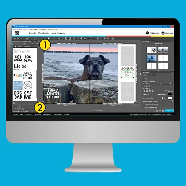 ORWO Fotobuch-Software mit Layoutansicht, Bildbearbeitung und Auswahl von Cliparts und Designelementen.