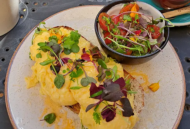 Appetitliches Omelette mit Kräutern angerichtet auf Steingut Teller und Salat in einer Schale. Bei ORWO erfährst du, wie du dein Essen in Szene setzt.