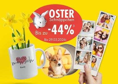 Personalisierte Fotoprodukte wie Fototassen, Fotodosen und Fotostreifen in der ORWO Osteraktion – bis zu 44 % Rabatt sichern