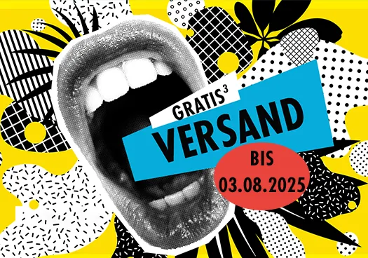Eine wilde Collage in den ORWO-Farben zeigt einen weit geöffneten Mund, welcher den neuen Weekend Deal "Gratis Versand" in die Welt hinaus ruft.