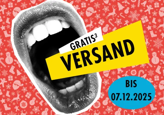 Eine wilde Collage in den ORWO-Farben zeigt einen weit geöffneten Mund, welcher den neuen Weekend Deal "Gratis Versand" in die Welt hinaus ruft.