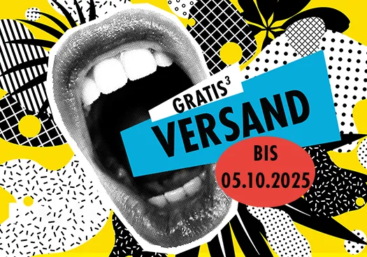 Eine wilde Collage in den ORWO-Farben zeigt einen weit geöffneten Mund, welcher den neuen Weekend Deal "Gratis Versand" in die Welt hinaus ruft.