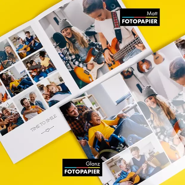 Fotobuch Softcover mit Fotopapier: Links matte, rechts glänzende Oberfläche. Familienfotos werden mit verschiedenen Oberflächen in unterschiedlicher Ausstrahlung präsentiert.