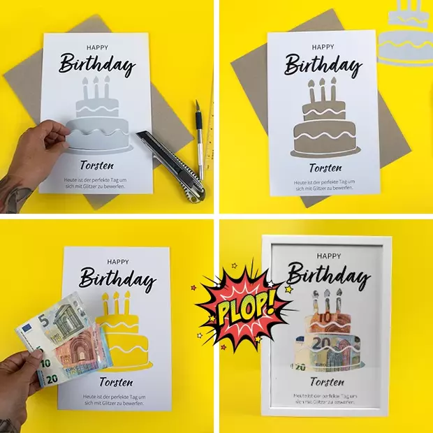 Geldgeschenk mit Bastelanleitung verpacken Ein Geldgeschenk zum Geburtstag verpacken: Poster mit Schriftzug und Torte. Diese ist ausgeschnitten, dahinter werden die Scheine drapiert.