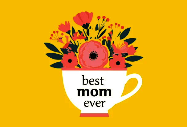 Weiße Tasse mit buntem Blumenarrangement und „best mom ever“-Schriftzug als persönliche und praktische Geschenkidee mit Foto zum Muttertag