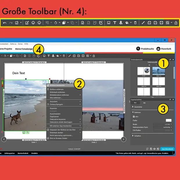 Oberfläche der ORWO Fotobuch-Software mit markierter Toolbar und Funktionen zum Bearbeiten von Bildern im Fotobuch-Layout.