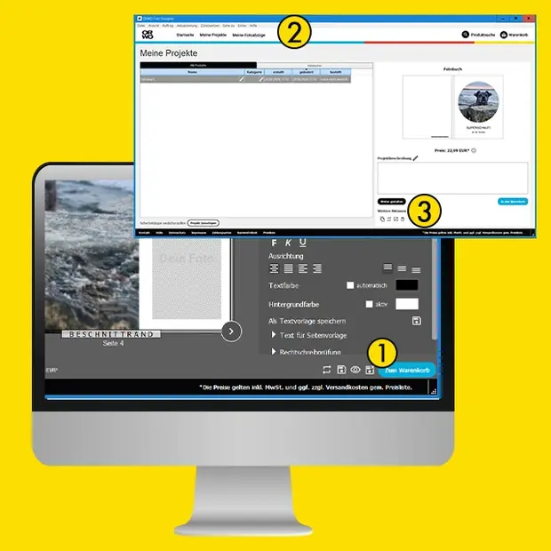 ORWO Fotobuch-Software mit Übersicht „Meine Projekte“, Texteinstellungen und Bestellbereich für ein Fotobuch.