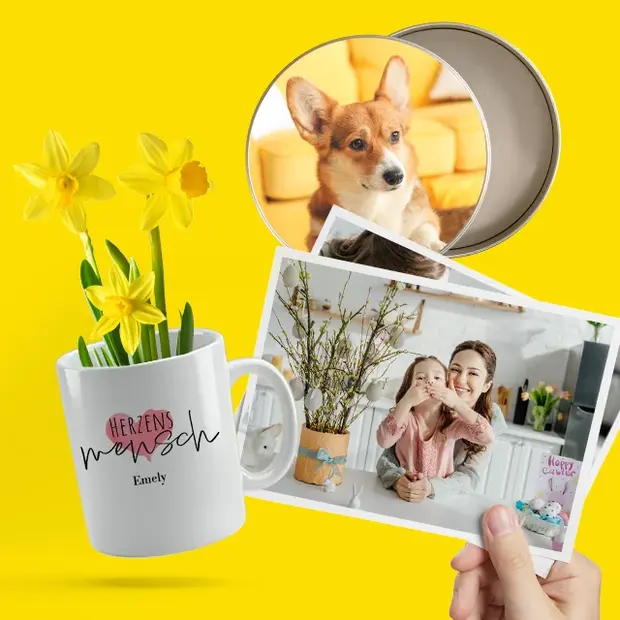 Ostergeschenke mit persönlichen Fotos – Fototasse, Fotoabzüge und Fotodose mit Familien- und Tiermotiven zu Ostern