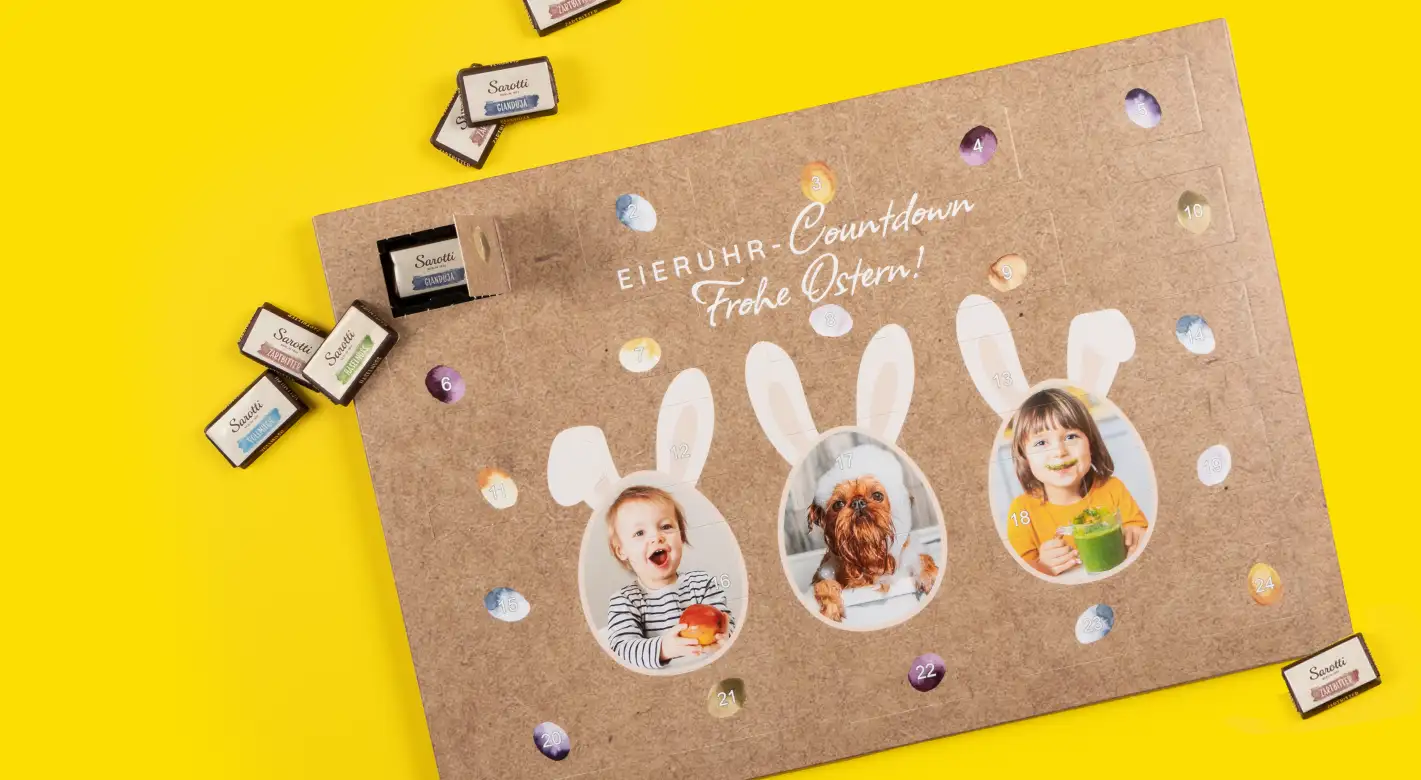 Personalisierter Countdown-Kalender zu Ostern mit eigenen Fotos in Hasenform und 24 Türchen für kleine Überraschungen.