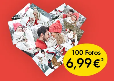 Fotocollage in Herzform aus vielen winterlichen Paar- und Familienfotos als ORWO Fotoabzüge – 100 Fotos zum Aktionspreis von 6,99 Euro
