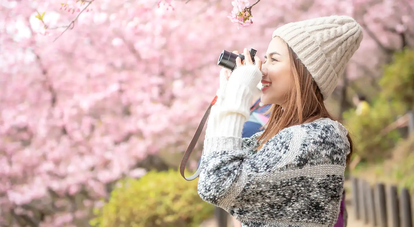 Eine junge Frau mit Strickpullover und -mütze, steht inmitten blühender Kirschbäume und fotografiert die Blüten. Lerne auch du, wie du schöne Frühlingsfotos machst.