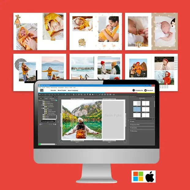 Fotobuch Layout-Ideen in der Gestaltungssoftware mit Vorlagenübersicht und Seitenlayout am Desktop-PC