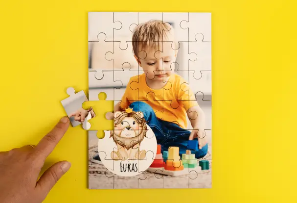 30-teiliges Puzzle mit individuellem Foto, Design und Namen. Perfekt für Groß und Klein.