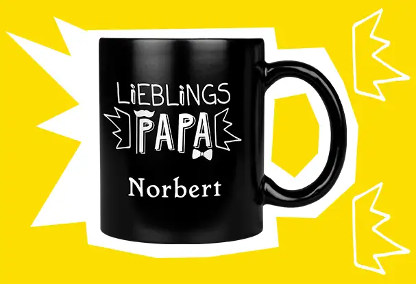 Eine elegante schwarze Tasse, graviert mit „Lieblingspapa Norbert“. Dieses stilvolle Geschenk mit Gravur ist eine besondere Art, Papa Wertschätzung und Liebe zu zeigen.