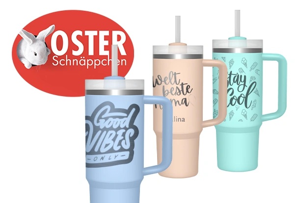 Fotoprodukte XXL Thermobecher im Osterangebot Personalisierte XXL Thermobecher mit Strohhalm und Sprüchen wie „Good Vibes Only“ oder „weltbeste Mama“ als praktische Fotoprodukte – Oster Schnäppchen Aktion