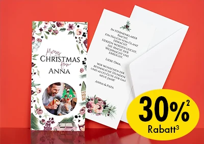 Elegante ORWO Fotokarte mit floralem Weihnachtsdesign und Umschlag – personalisierbare Weihnachtskarte mit Foto und Text.
