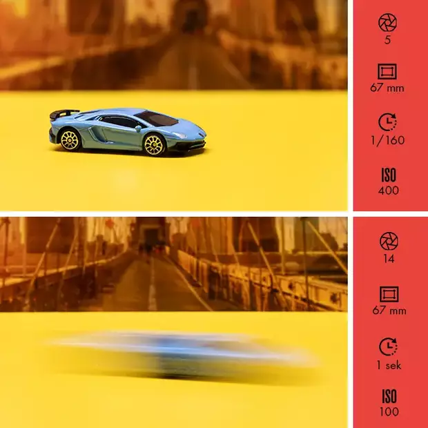 Belichtungszeit Kamera einstellen - ORWO Tipps Zwei Fotos eines Modellautos mit unterschiedlichen Belichtungszeiten – oben mit eingefrorener Bewegung bei 1/160 Sekunde, unten mit Bewegungsunschärfe bei 1 Sekunde. Belichtungszeit Kamera einstellen und Wirkung verstehen mit ORWO.