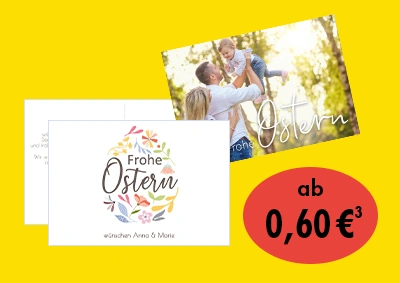 Personalisierte Osterkarten mit Foto und „Frohe Ostern“-Design als hochwertige Fotoprodukte von ORWO – persönliche Ostergrüße ab 0,60 €