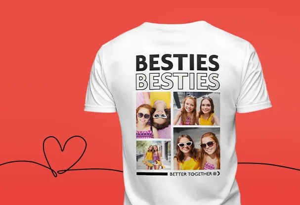 Weißes T-Shirt mit Fotocollage und Schriftzug „Besties“ als persönliches Valentinstag Fotogeschenk