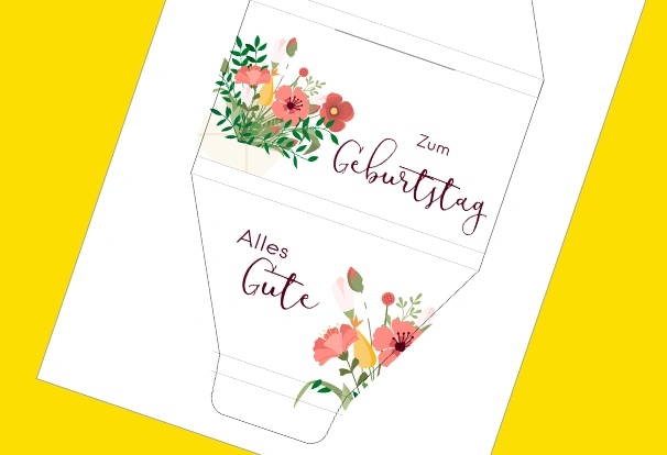 Beim blumigen Design mit der Aufschrift „Alles Gute“ bleibt die Fläche größtenteils Weiß und besticht mit vollflächig gezeichneten Blüten in Rosatönen. Deine Schokolade kannst du schlicht und spielerisch verpacken. 